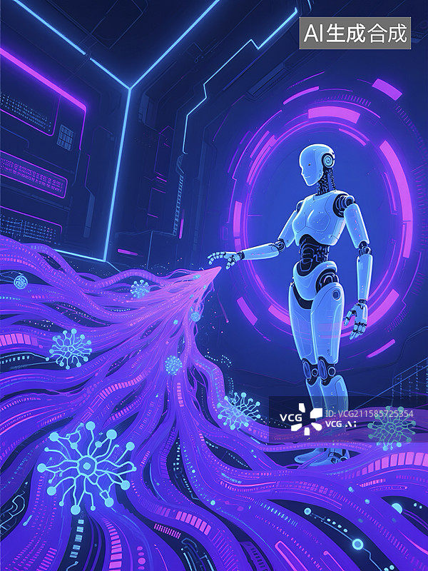 【AI数字艺术】人工智能机器人与科技感数据流背景图片素材