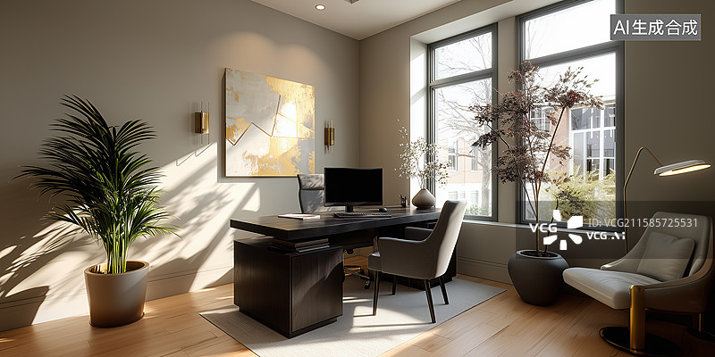 【AI数字艺术】现代极简暗木办公室图片素材