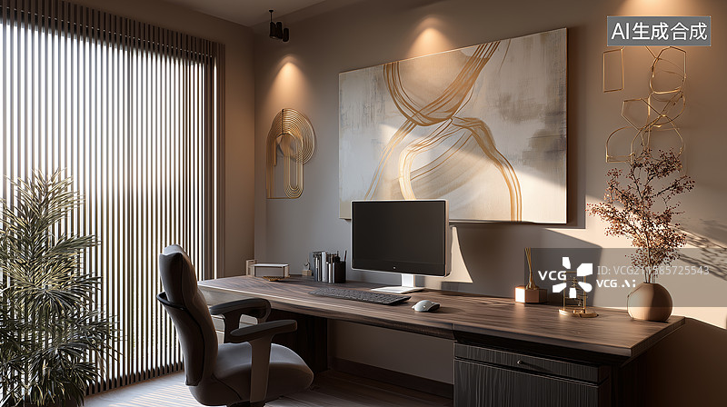 【AI数字艺术】现代极简暗木办公室图片素材