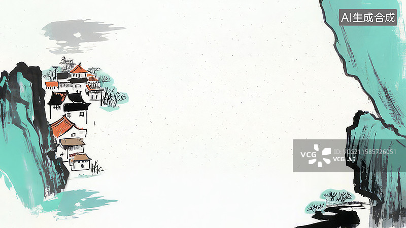 【AI数字艺术】水墨画两侧-背景壁纸1.山水间的古村落图片素材