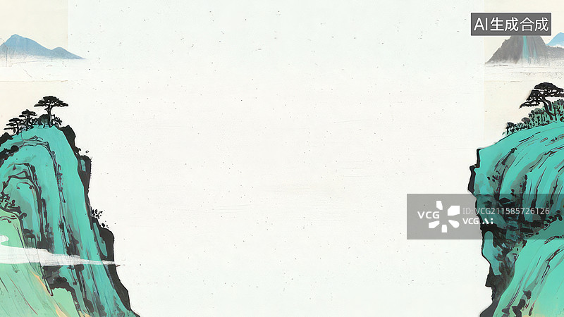 【AI数字艺术】水墨画两侧-背景壁纸1.青绿山水对峙图图片素材
