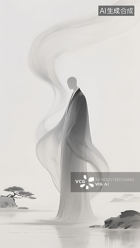 【AI数字艺术】水墨风彩墨飘带古装人物立像图片素材