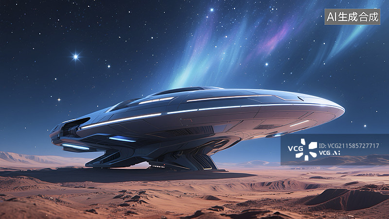 【AI数字艺术】科幻风格外星沙漠中的宇宙飞船图片素材