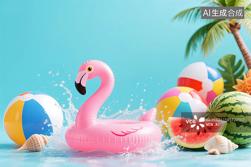 【AI数字艺术】夏季游泳池，火烈鸟救生圈，西瓜，椰子树图片素材