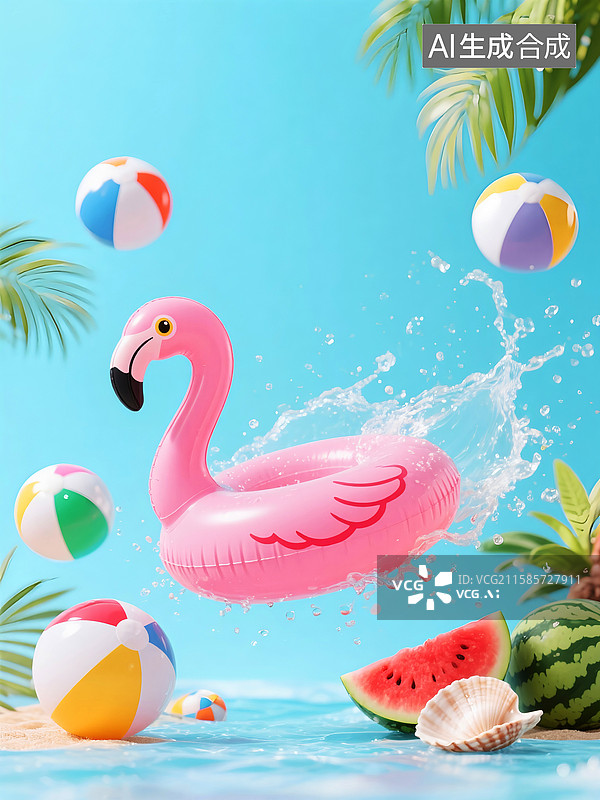 【AI数字艺术】夏季游泳池，火烈鸟救生圈，西瓜，椰子树图片素材