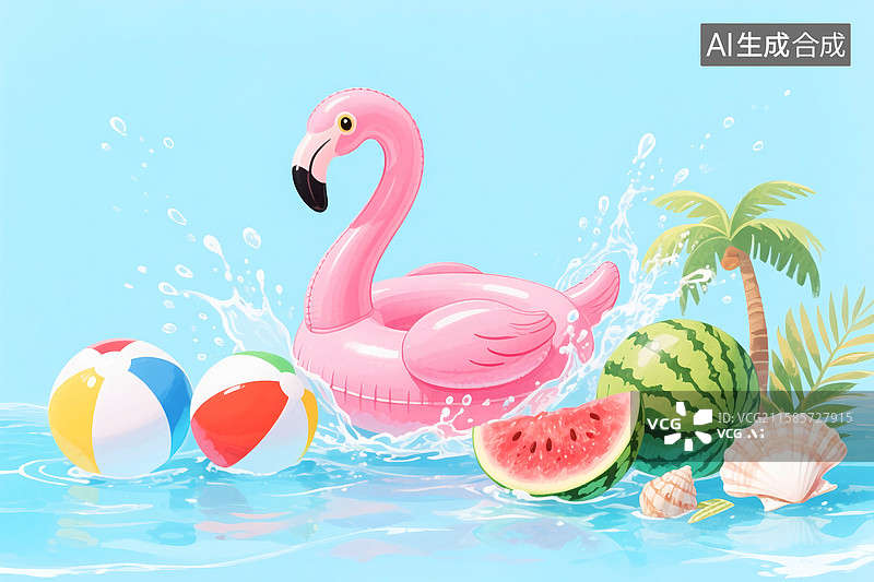 【AI数字艺术】夏季游泳池，火烈鸟救生圈，西瓜，椰子树图片素材