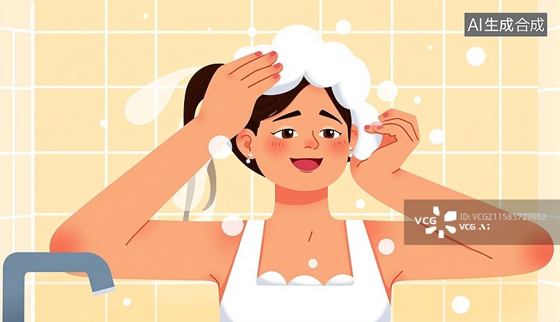 【AI数字艺术】女生在浴室洗澡洗头图片素材