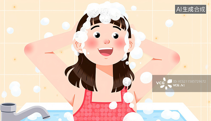 【AI数字艺术】女生在浴室洗澡洗头图片素材