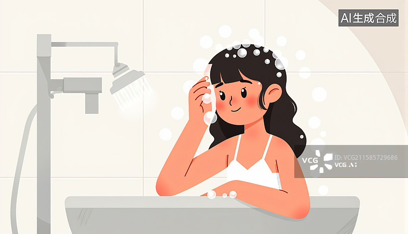 【AI数字艺术】女生在浴室洗澡洗头图片素材