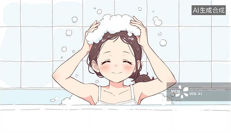 【AI数字艺术】女生在浴室洗澡洗头图片素材