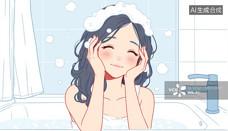 【AI数字艺术】女生在浴室洗澡洗头图片素材