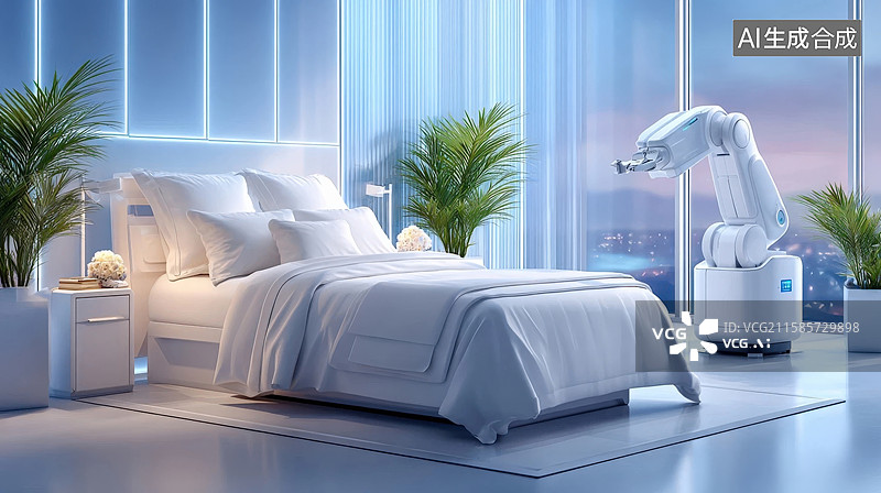 【AI数字艺术】未来智能卧室，机器人手臂图片素材