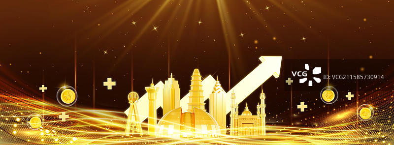 3D立体黑金色新疆城市建筑经济金融峰会年会邀请函背景图片素材