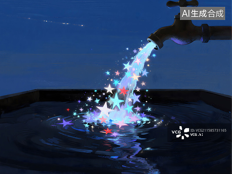 【AI数字艺术】一个水池里的水龙头，水龙头中涌出成千上万只发光的星星，形成一道星星洪流图片素材