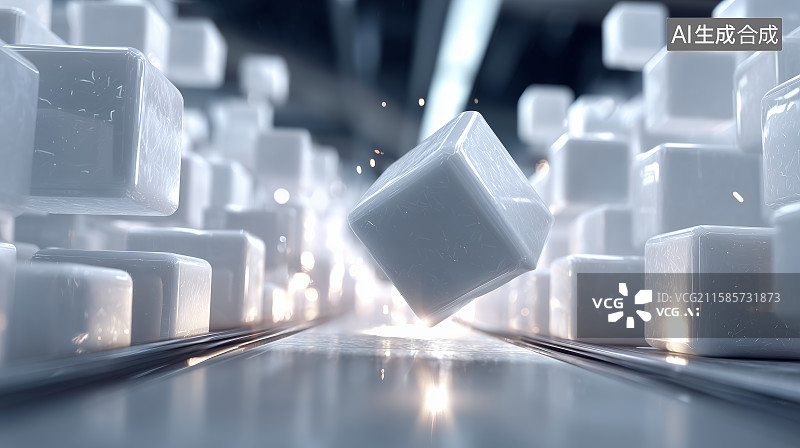 【AI数字艺术】白色立方体在光滑轨道上的动态排列图片素材