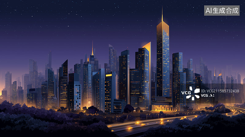【AI数字艺术】夜幕下的现代都市天际线图片素材