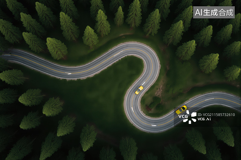 【AI数字艺术】蜿蜒山路穿行于茂密森林图片素材