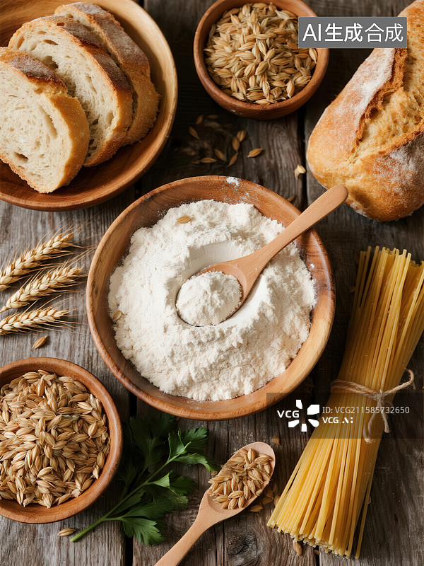 【AI数字艺术】面粉、面包与意面的美食组合图片素材