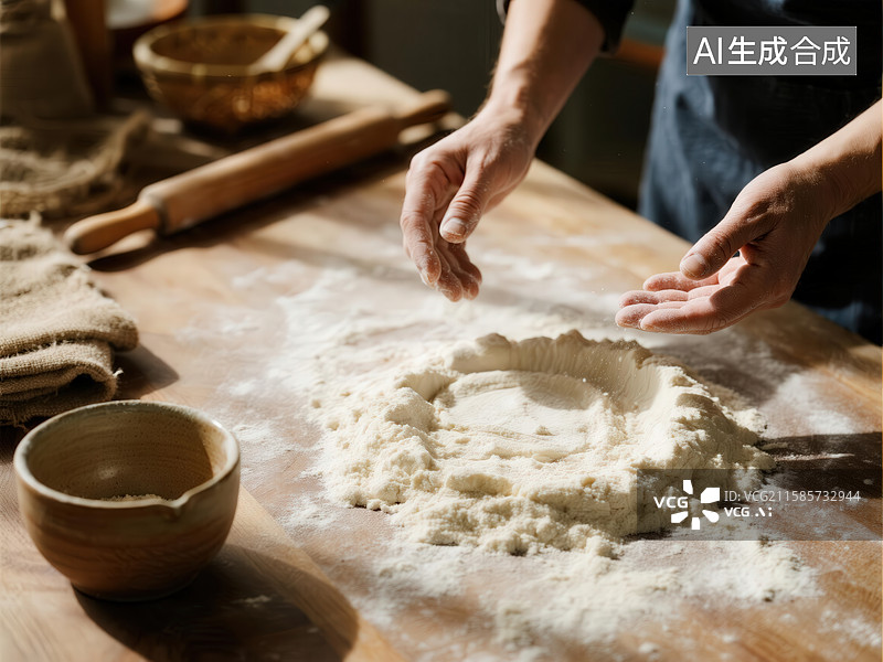 【AI数字艺术】双手在木桌上撒面粉制作面团图片素材