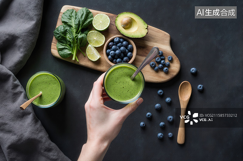 【AI数字艺术】手持绿色果蔬汁，搭配新鲜食材图片素材