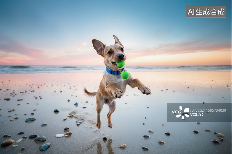 【AI数字艺术】海滩上跳跃接球的狗狗图片素材