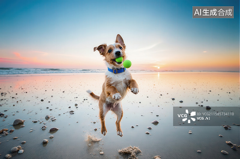 【AI数字艺术】海滩上跳跃接球的狗狗图片素材