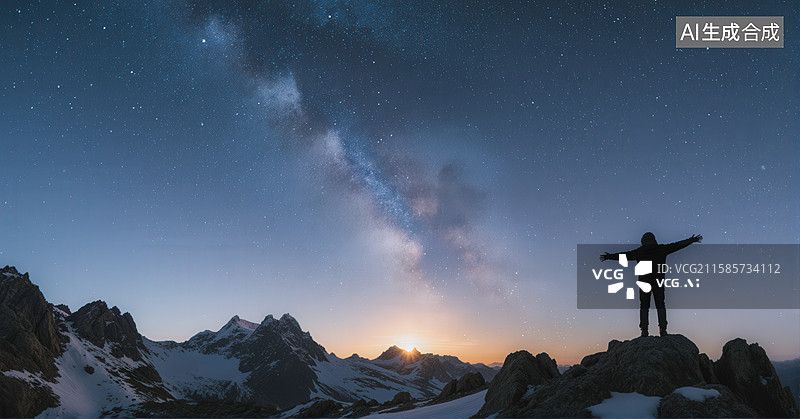 【AI数字艺术】山顶观星，双臂张开拥抱星空图片素材