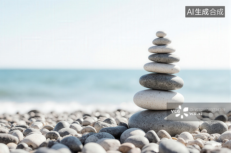 【AI数字艺术】海滩上的石塔平衡艺术图片素材