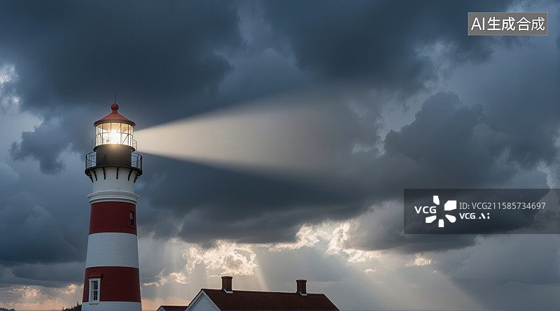 【AI数字艺术】灯塔在乌云密布的天空下照亮前方图片素材