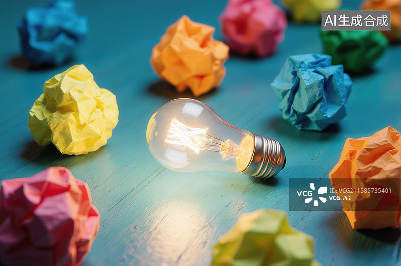 【AI数字艺术】灯泡与彩色纸团创意布局图片素材
