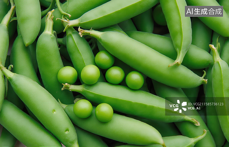 【AI数字艺术】新鲜绿色豌豆荚与豌豆特写图片素材