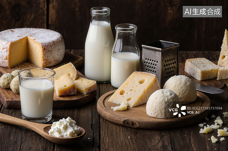 【AI数字艺术】奶制品展示：奶酪、牛奶与奶油图片素材
