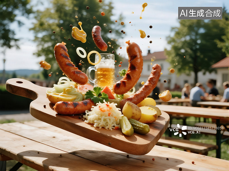 【AI数字艺术】户外餐桌上的美味香肠拼盘图片素材