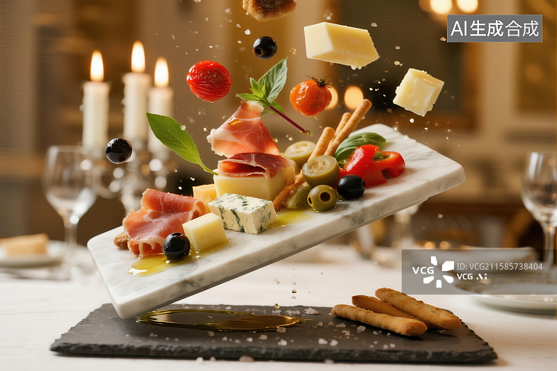 【AI数字艺术】精致冷盘拼盘，食材空中飞舞图片素材