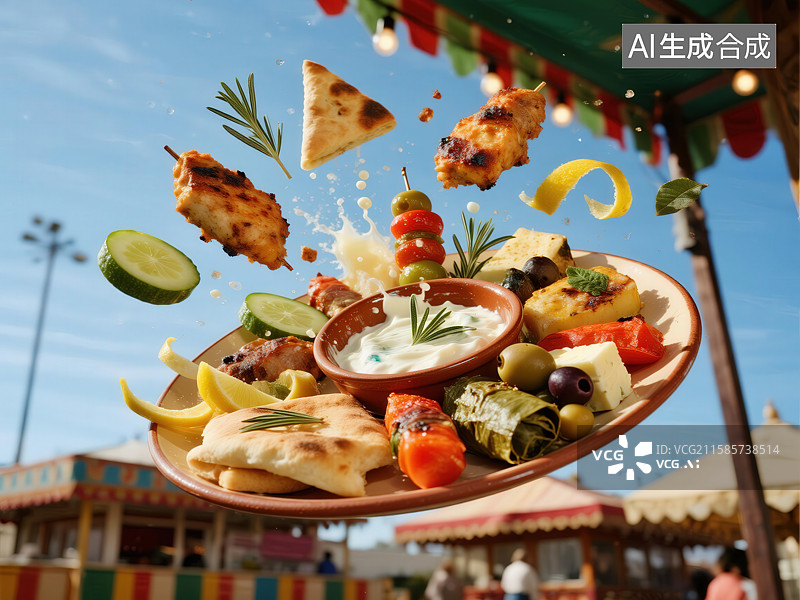 【AI数字艺术】空中飞舞的美食拼盘图片素材