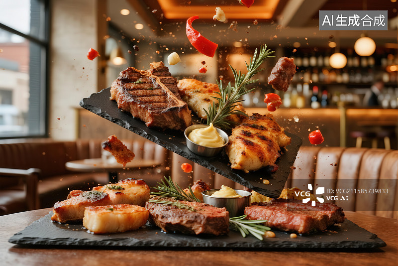 【AI数字艺术】精致烤肉拼盘，搭配香草与酱料图片素材