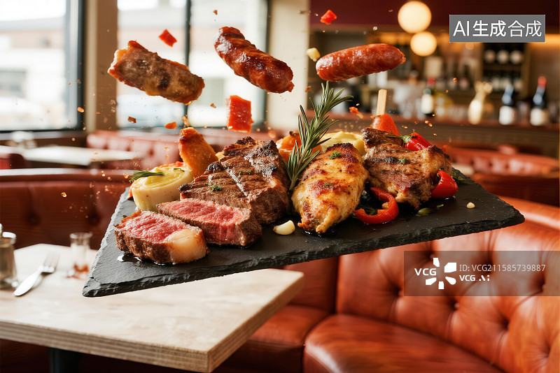 【AI数字艺术】空中飞舞的美味烤肉拼盘图片素材