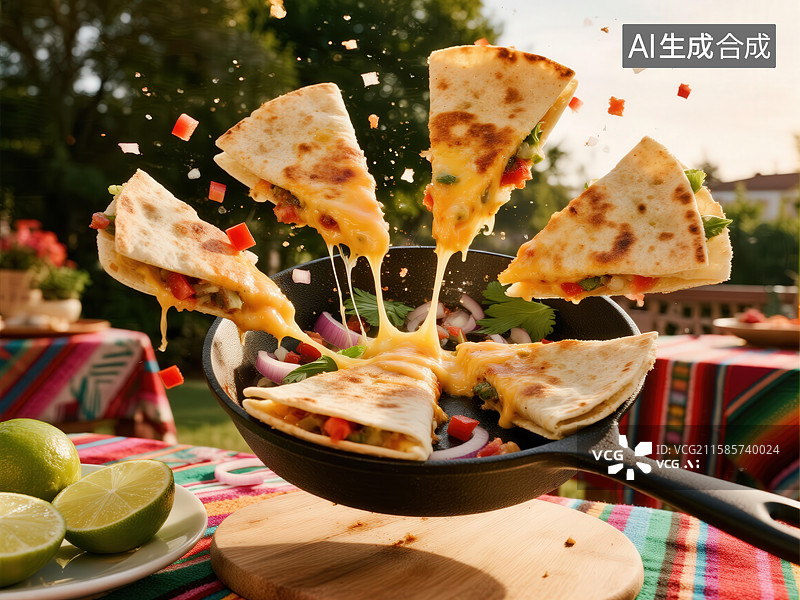 【AI数字艺术】飞溅的奶酪玉米饼，户外美食场景图片素材