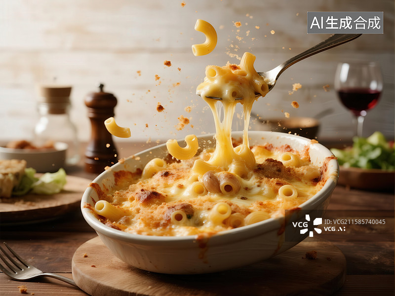 【AI数字艺术】奶油意面从碗中舀起，奶酪拉丝图片素材