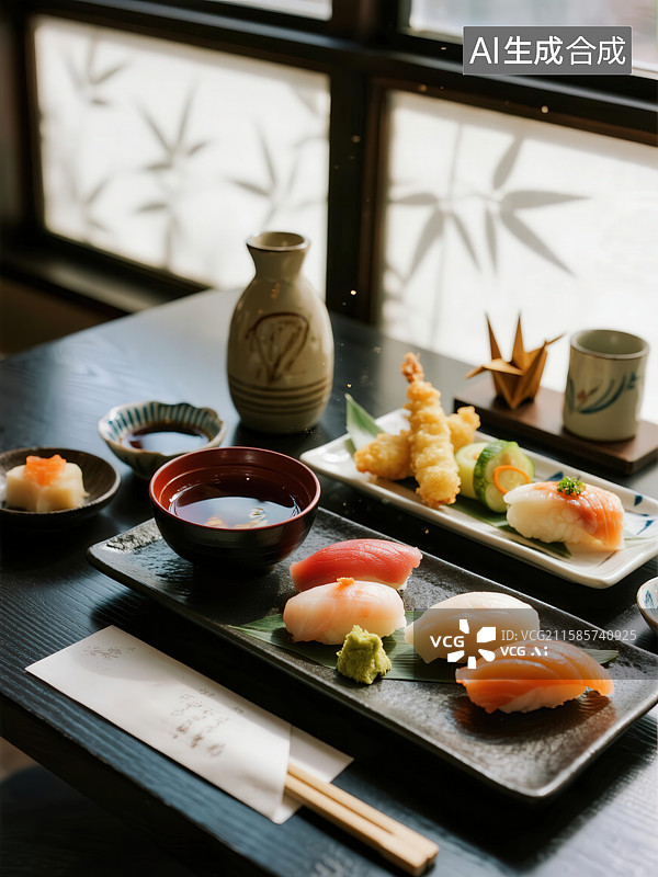 【AI数字艺术】精致的日式寿司与天妇罗摆盘图片素材