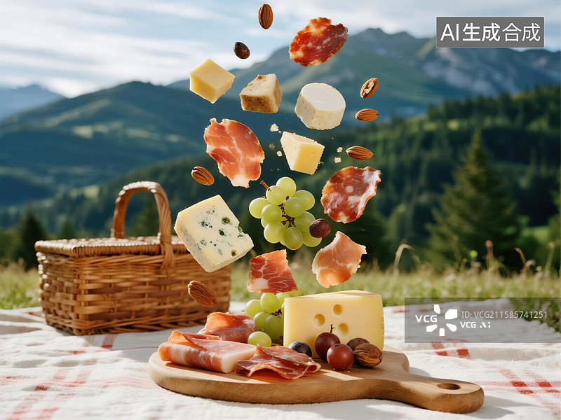 【AI数字艺术】山间野餐：奶酪与火腿的美味瞬间图片素材
