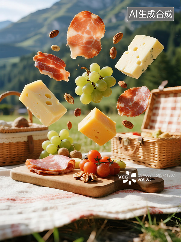 【AI数字艺术】山间野餐：奶酪、火腿与葡萄的美味瞬间图片素材