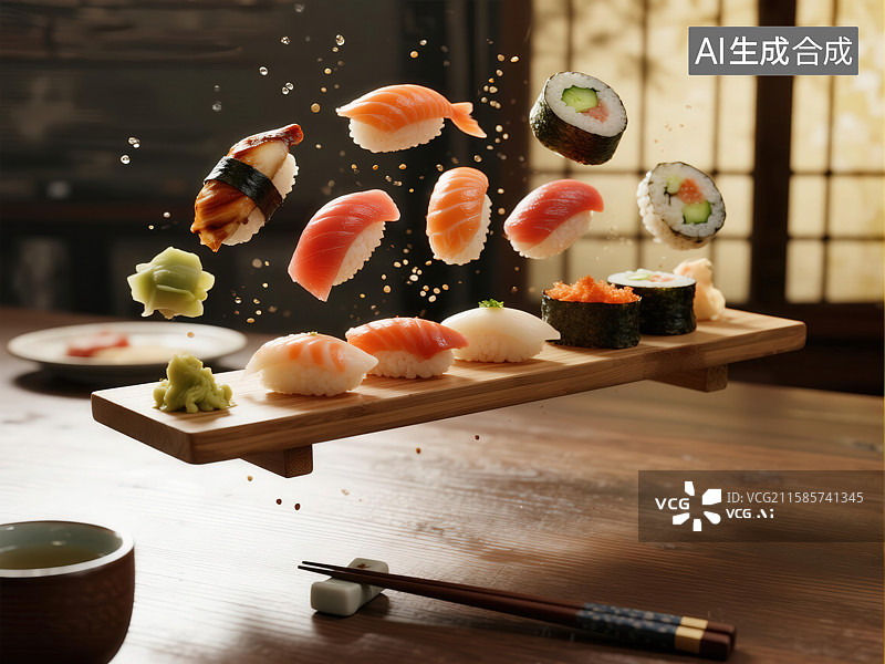 【AI数字艺术】空中飞舞的寿司与木质托盘图片素材