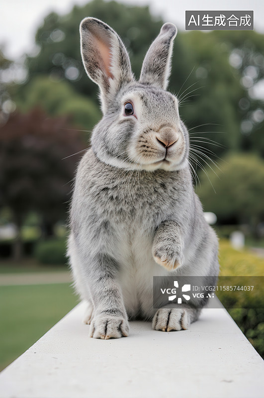 【AI数字艺术】灰色兔子站立在栏杆上图片素材