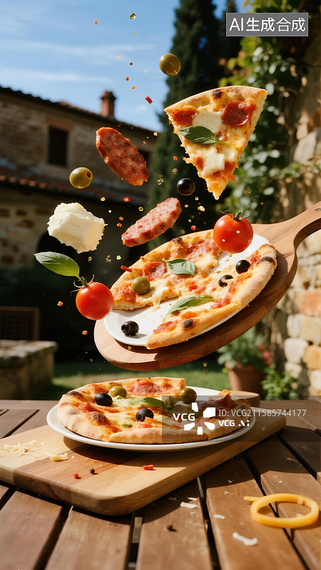 【AI数字艺术】户外餐桌上飞舞的披萨与食材图片素材