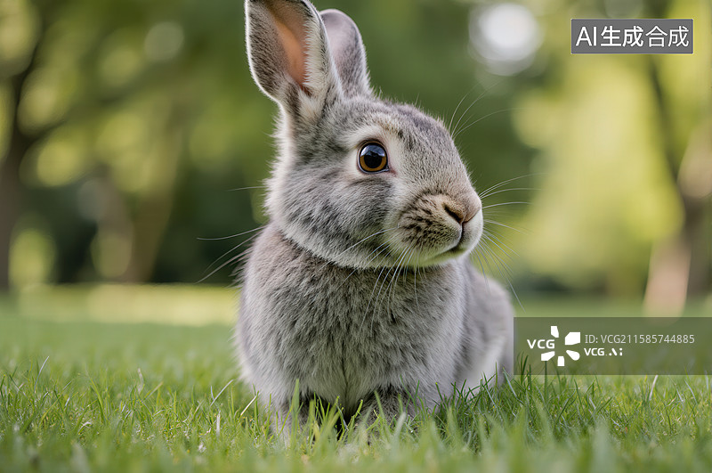 【AI数字艺术】草地上可爱的灰色小兔子图片素材
