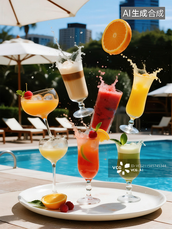 【AI数字艺术】泳池边的缤纷鸡尾酒图片素材