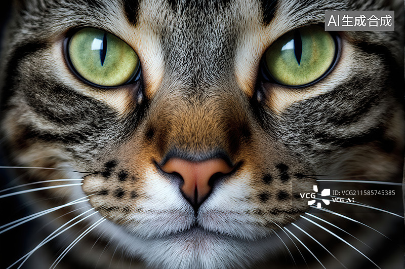 【AI数字艺术】猫咪特写：明亮绿眼与条纹毛发图片素材