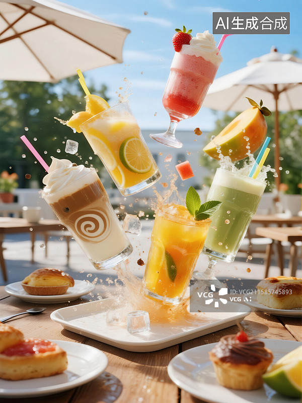 【AI数字艺术】五彩缤纷的饮品与甜点在户外飞溅图片素材