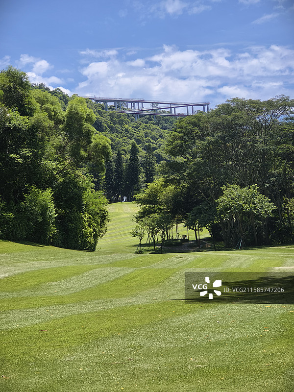 厦门上李水库公园大片绿草地和远处的步道图片素材